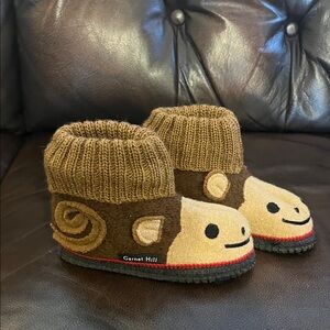 Garnet Hill Brown and Cream Kids Animal Monkey Slippers 100% Pure Wool
